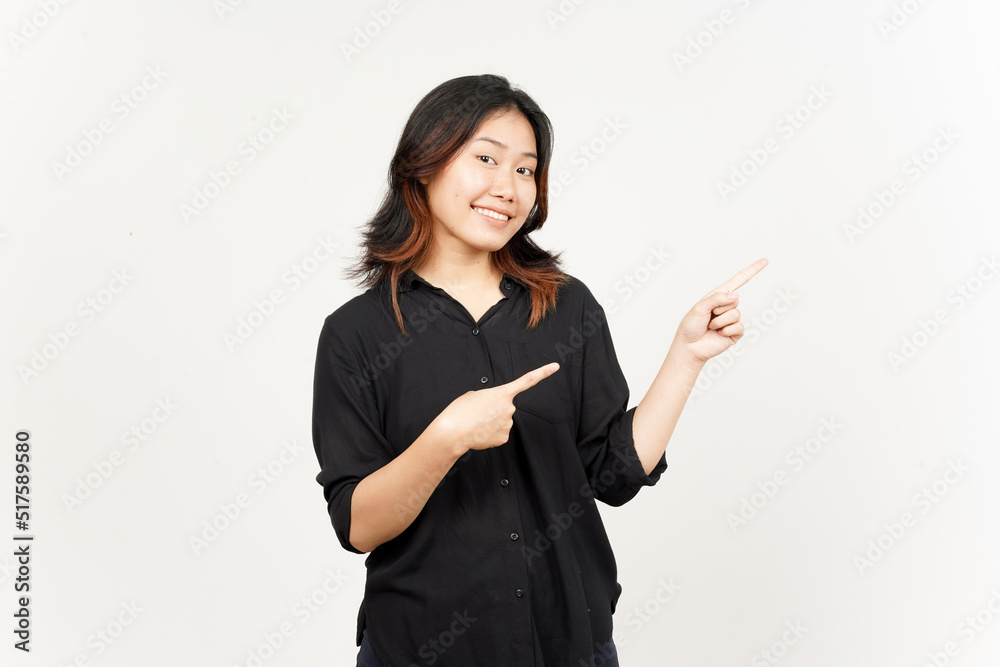 Showing Product and Pointing Side of Beautiful Asian Woman Isolated On White Background