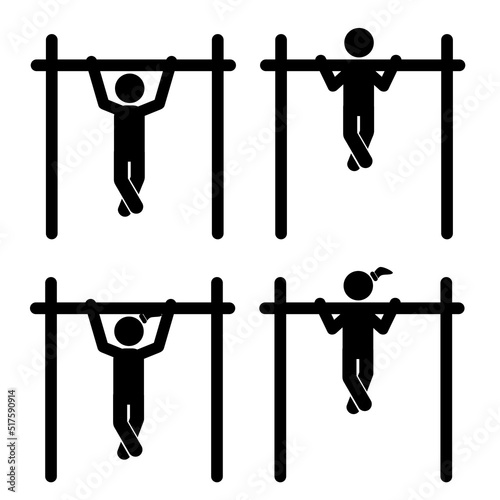 Simple Vector Set 2 Stick man and Woman Workout, Pull up, Isolated on white