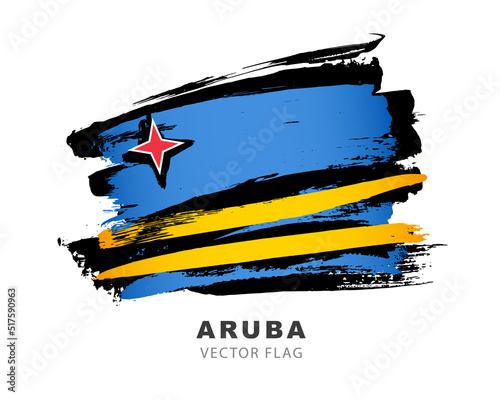 Aruba flag. Colored brush strokes drawn by hand. Vector illustration isolated on white background. photo