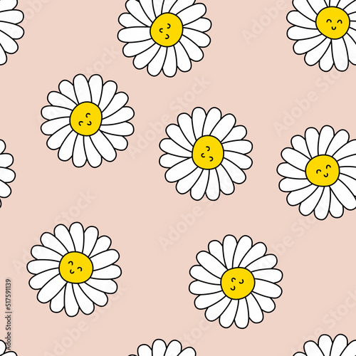 Summer seamless pattern with daisy flowers in 1960 style. Childish characters print with happy emotions. Kids vector illustration for decor and design.
