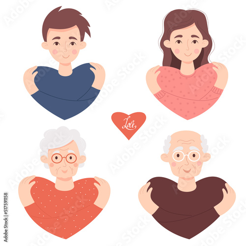 Collection Avatar character of cute people in love. young guy and girl with long hair and couple of elderly people, an old woman and pensioner. Vector illustration. concept Take care of yourself