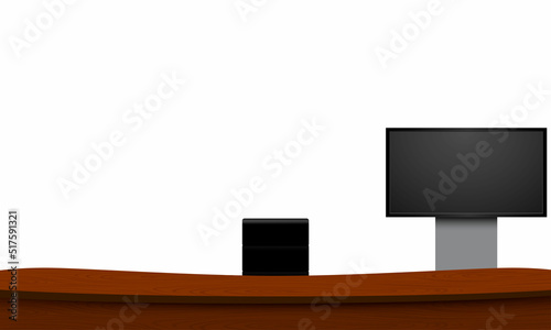 wooden table and lcds background in the news studio room	