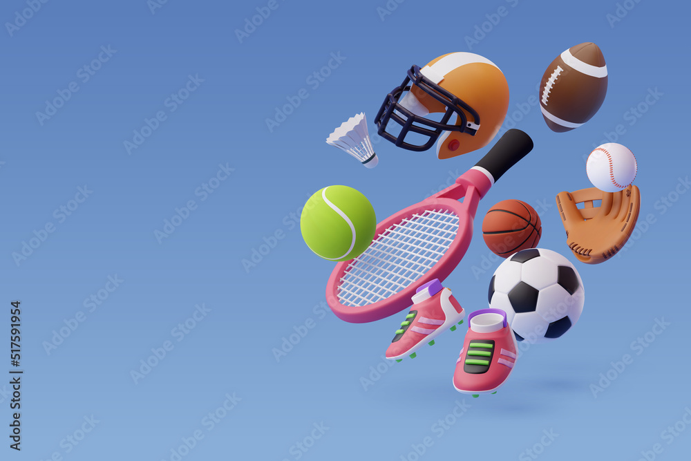Collection of 3d sport icon collection isolated on blue, Sport and recreation for healthy life style concept