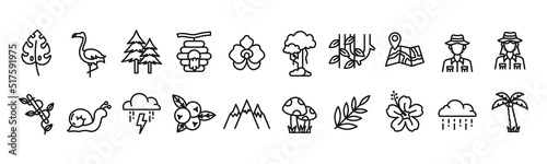 Rainforest line art icon set design template vector illustration