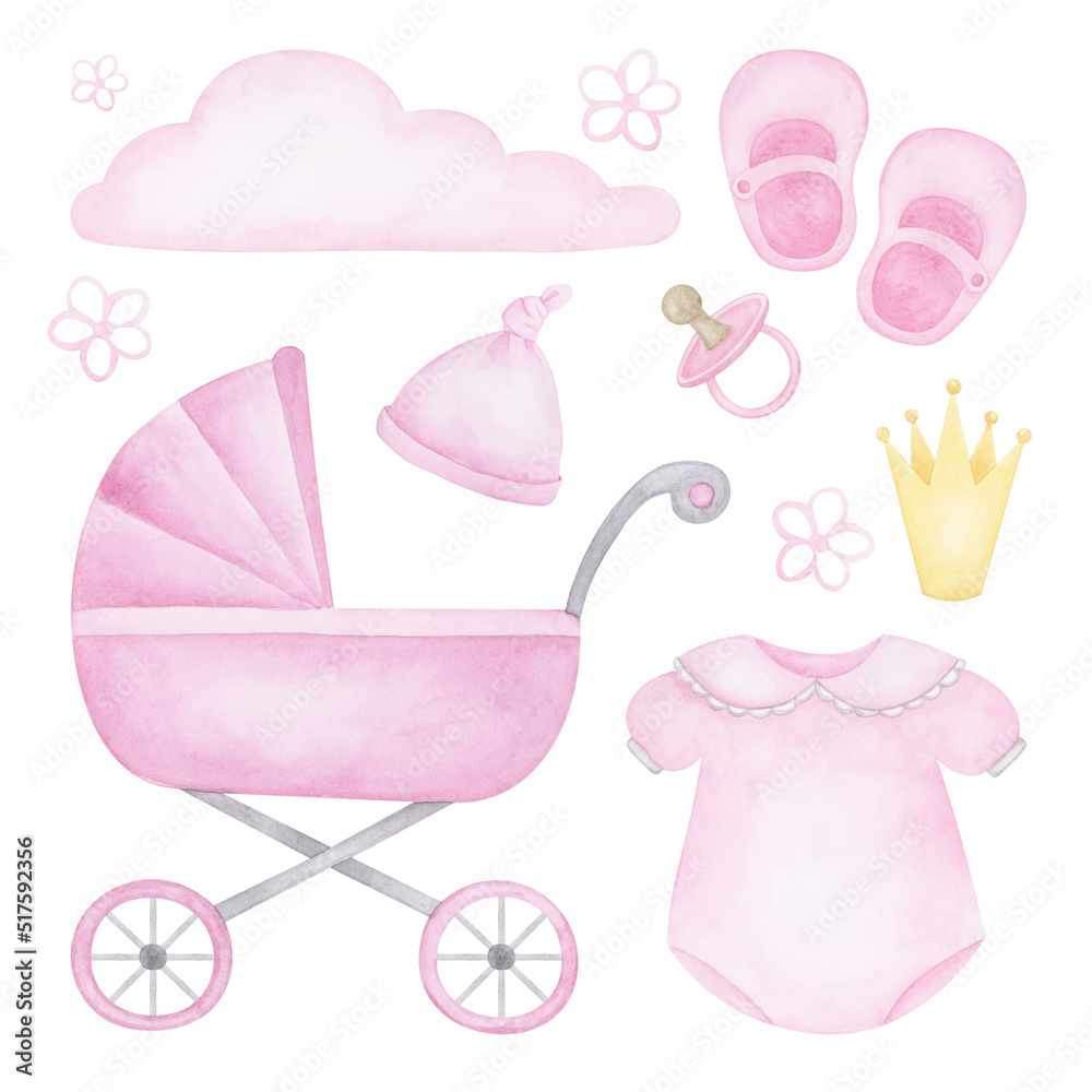Baby girl newborn accessories clipart collection. Watercolor hand drawn ...