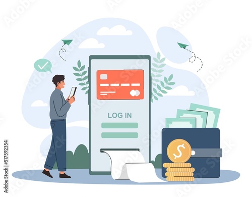 Electronic wallet concept. Man pays for purchases online from smartphone. Banking applications for transactions. Internet money, modern technologies and digital world. Cartoon flat vector illustration