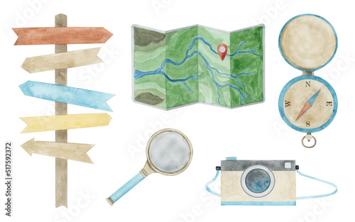 Camping elements watercolor hand drawn illustration. Travel clipart elements set isolated on white background. Road sign, travel map, compass, magnifing glass, camera. photo