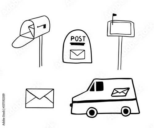 Hand drawn doodle mail. Open mailbox with letter and car. Set of postal elements