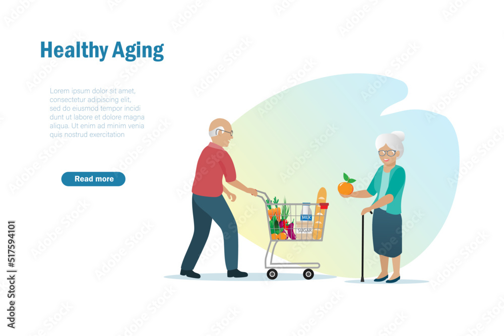 Active senior couple with healthy grocery foods in shopping cart. Healthy aging, elderly care concept.