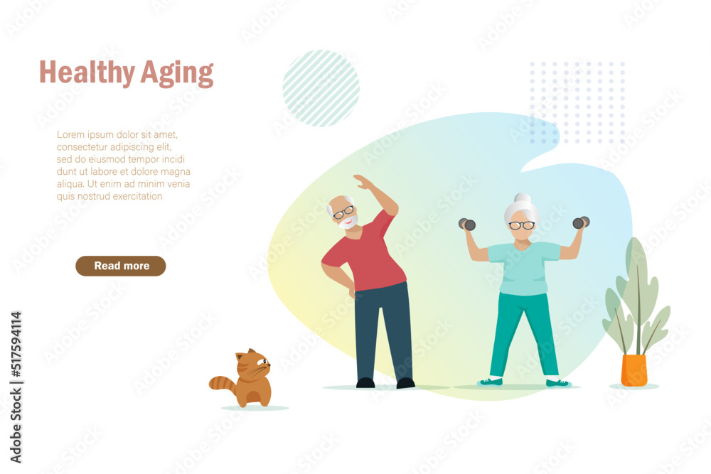 Active elderly couple exercising at home to maintain in good health. Healthy aging, senior care concept. Active elderly couple exercising at home to maintain in good health. Healthy aging, senior care concept.