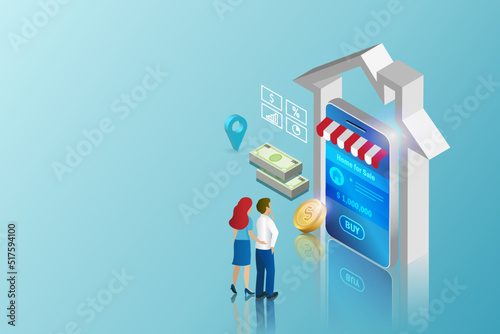 Home loan, real estate, mortgage property and refinance concept. Family couple online search home for sale on smartphone app. Family financial planning and home investment technology.