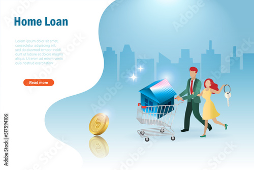 Home loan, real estate, mortgage property and refinance concept. Family couple with buying house in shopping cart trolley. Family financial planning and home investment.
