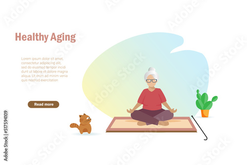 Active senior grandma doing meditation in lotus pose at home. Healthy aging and elderly health care concept.