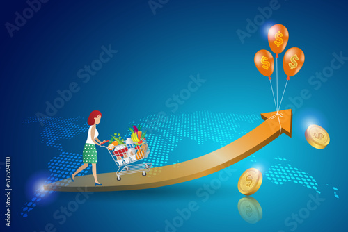 Inflation and foods crisis, CPI consumer price index. Woman push grocery shopping cart trolley on rising graph cost of living tied with inflation balloons. High foods cost and grocery price