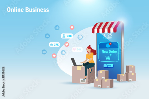 Online shopping business and social media marketing. Woman owner working on computer with new orders reminder from smartphone, shipment boxes and social love like icons.