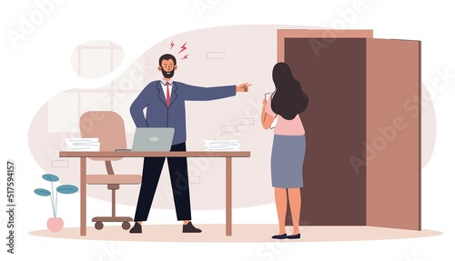 Concept of unemployment. Boss kicks out subordinate, unsuccessful employee. Angry chief scolding worker. Fired sad woman in office, metaphor of jobless, career. Cartoon flat vector illustration