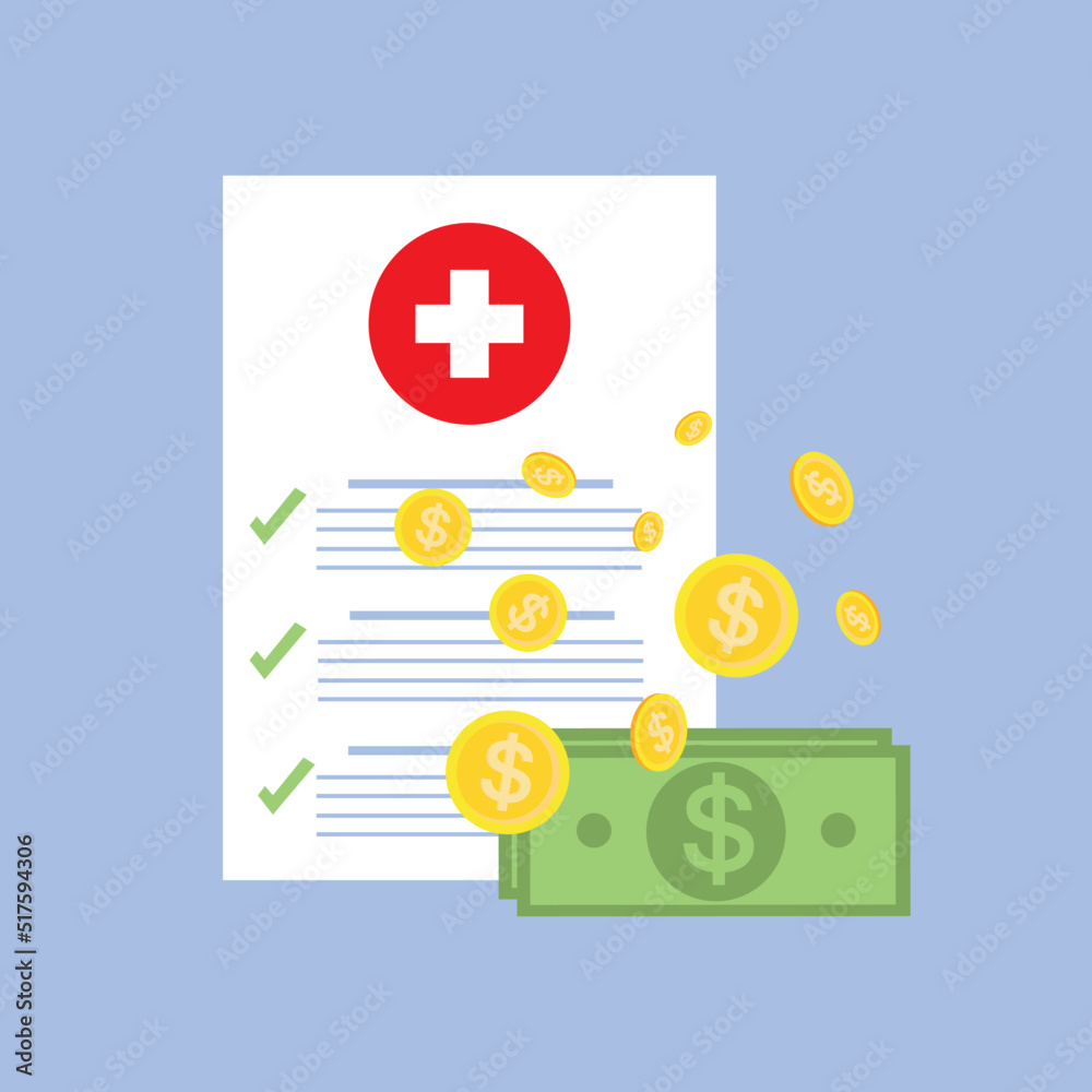 Medical document with money. Form of health insurance. Idea of expensive medicine, health care costs or expenses. medicare spendings. Expensive medicine idea. Medical document with money. Form of health insurance. Idea of expensive medicine, health care costs or expenses. medicare spendings. Expensive medicine idea.
