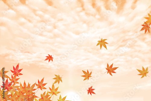 秋の夕焼けにうろこ雲ー映える紅葉と舞い落ちる秋の葉っぱの美しい壁紙イラスト素材
