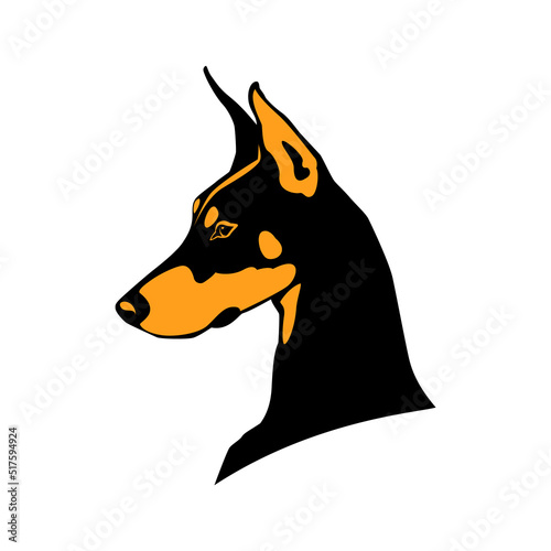 Doberman head logo on a black background. Dog golden silhouette side view.