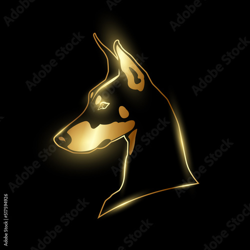 Gold Doberman head logo on a black background. Strict Dog golden silhouette side view.