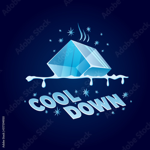 Vector melting ice cube icon with text cool down.