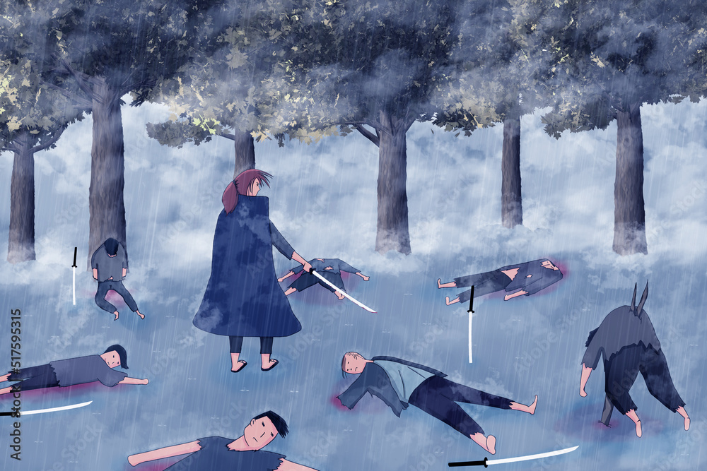 Fototapeta premium A lone Ronin who fights defeats a group of bandits during heavy rain. Digital art style. illustration painting