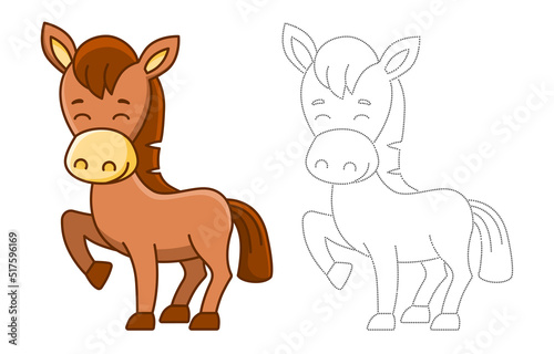 Farm animal for children coloring book. Vector illustration of funny horse in a cartoon style. Trace the dots and color the picture