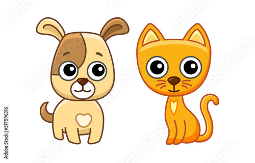 Pet animals for children book. Vector illustration of funny dog and cat in a cartoon style