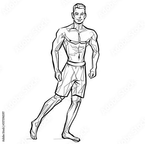 Fitness men posing. Muscular man stands  rippling athlete  sprinter. Vector drawing
