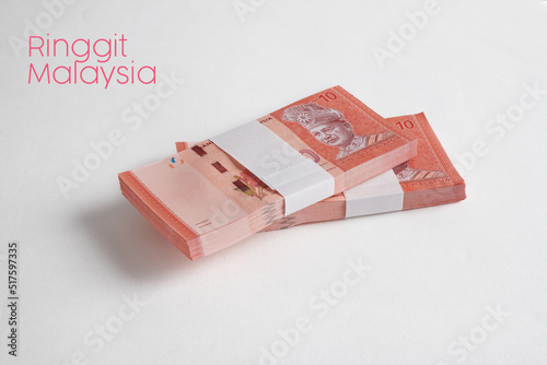 Bundle of Malaysia ringgit isolated on white background (Malaysia Currency RM10) photo