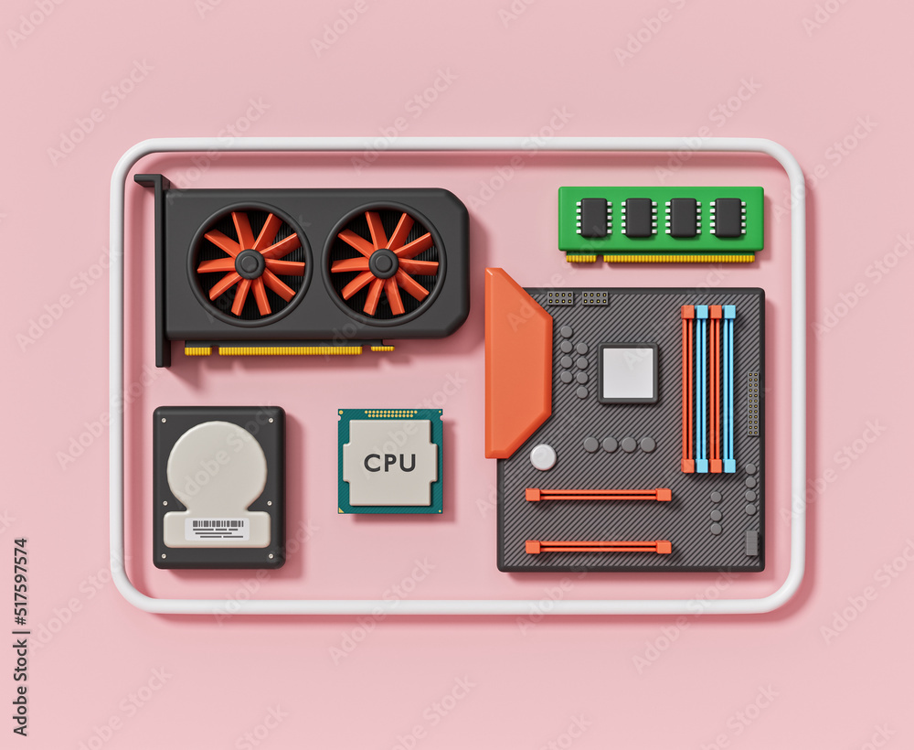 Parts of computer and PC hardware components in outline collection set.  Labeled elements for device and peripherals assembly vector illustration.  Build custom electronics with motherboard, ram and CPU Stock Vector