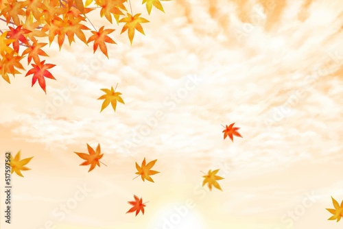 秋の夕焼けにうろこ雲ー映える紅葉と舞い落ちる秋の葉っぱの美しい壁紙イラスト素材
 photo
