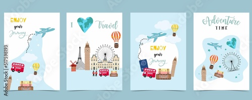 Travel greeting card with luggage,airplane,bus and world