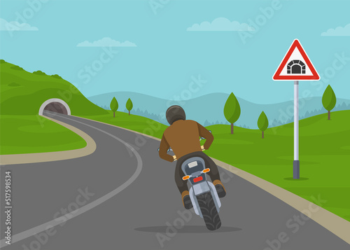 Tunnel ahead warning road or traffic sign. Back view of a cornering or turning bike on motorway. Flat vector illustration template.