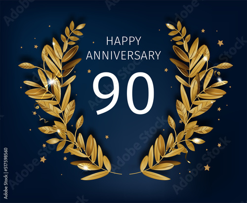 Celebrating golden anniversary, festive banner with gold laurel wreath and inscription. Congratulation or greeting card with decorative foliage. Vector in flat style