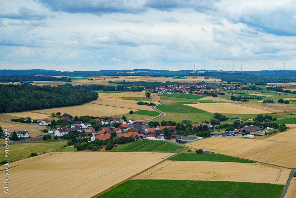 Landscape in Germany in summer from above. Top view. Nature, forests, fields.