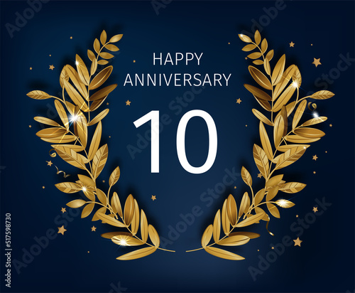 Celebrating golden anniversary, festive banner with gold laurel wreath and inscription. Congratulation or greeting card with decorative foliage. Vector in flat style