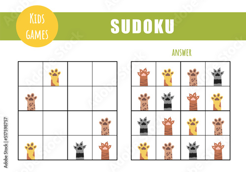 Sudoku for kids. Children activity sheet. Puzzle game with cat paws. Education and leisure concept. Vector illustration in flat cartoon style.