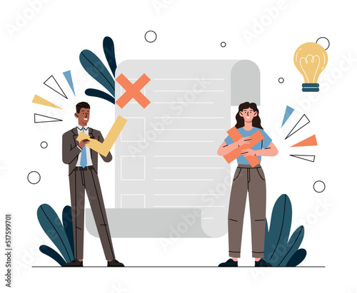 People with check mark make choice. Man and woman evaluate answers, teachers check test or examination of students. Consumers take online survey, answer questions. Cartoon flat vector illustration