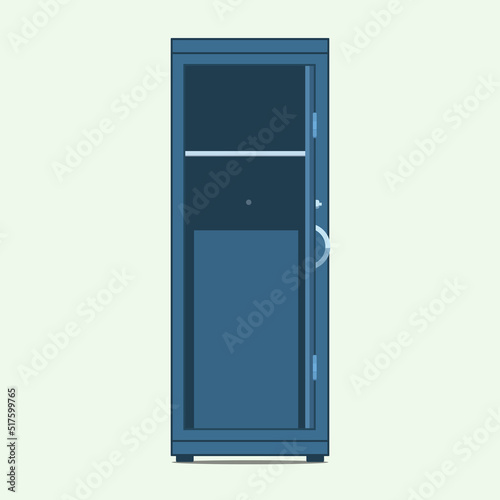 Single blue metal Lockers. Lockers in school or gym with silver handles and locks. Empty safe box with doors open, cupboard.