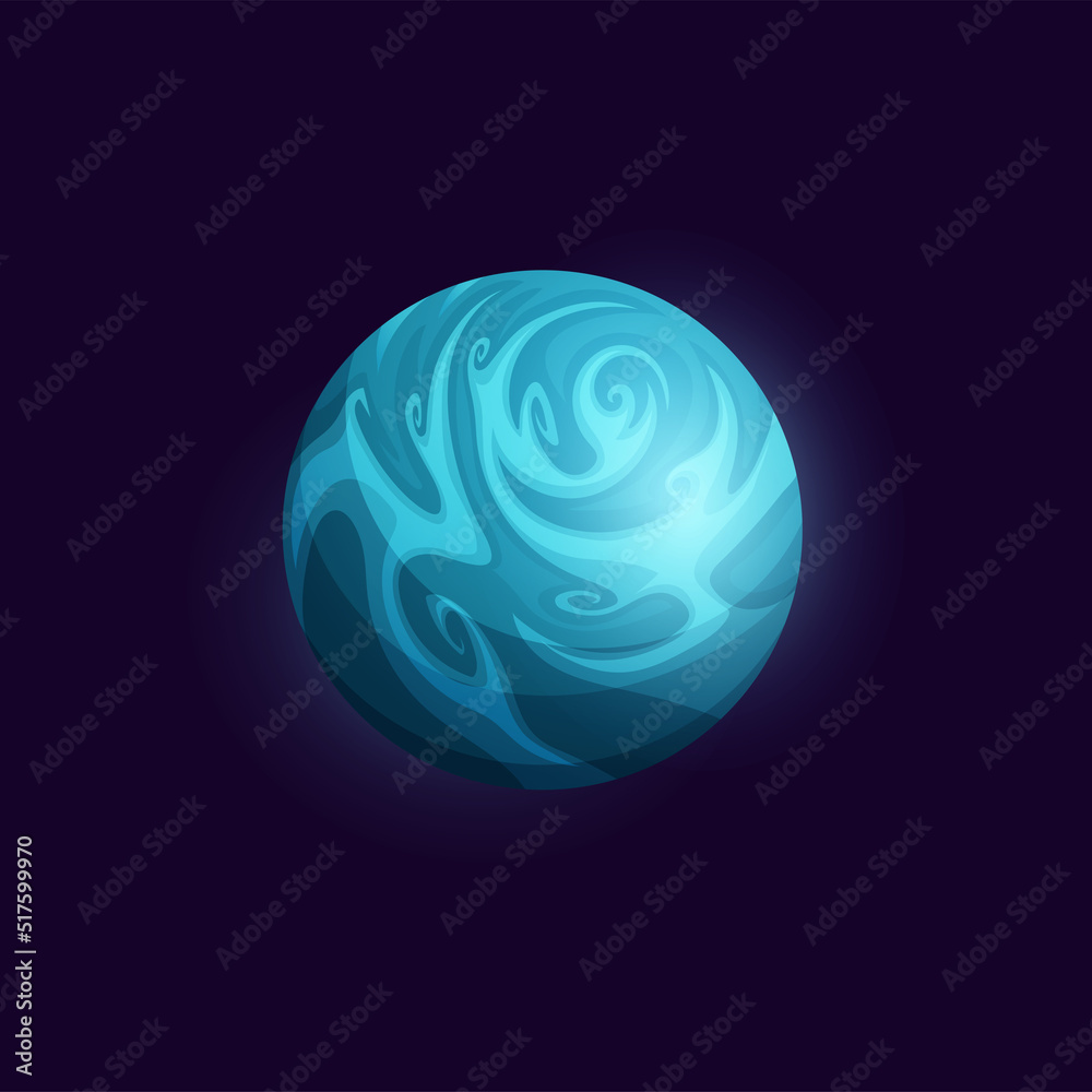 Space planet with blue oceans and icebergs, fantasy galaxy for cartoon game, vector. Alien planet or asteroid star of ice, universe cosmos and fantastic satellite with craters of frozen ice