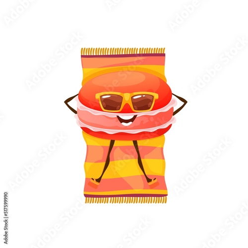 Cartoon macaroon character on summer beach. Vector funny macaron, cute candy dessert wear sunglasses tanning and relax lying on towel. Summertime vacation, kawaii confectionery personage on holidays