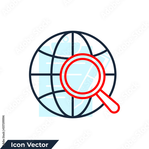 global data icon logo vector illustration. globe with magnifying glass symbol template for graphic and web design collection
