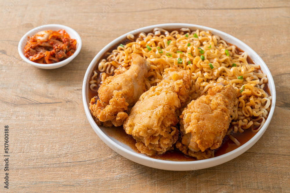 Korean instant noodles with fried chicken or Fried chicken ramyeon Korean instant noodles with fried chicken or Fried chicken ramyeon