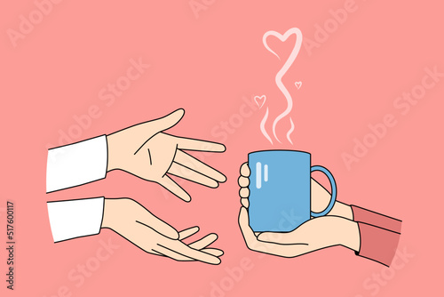 Person holding cup with hot drink give it to friend. People sharing hot coffee or tea. Concept of help and support. Vector illustration. 