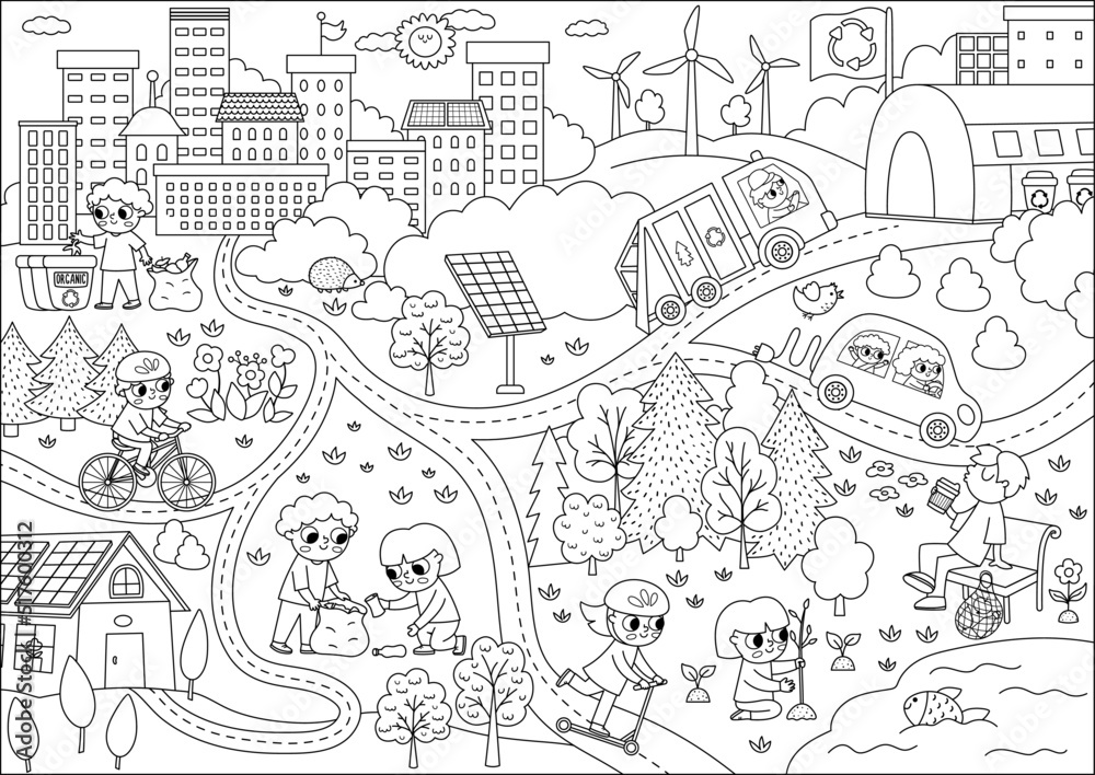 Vector black and white eco city scene. Ecological town line landscape with alternative transport, energy concept. Green city illustration with children caring of environment. Earth day coloring page.