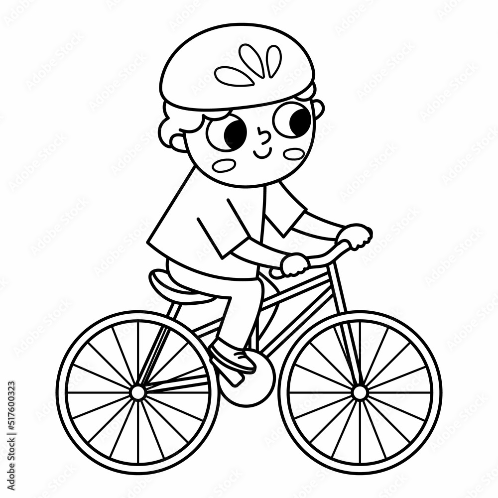 Black and white boy riding a bike in helmet icon. Cute line eco friendly kid. Child using alternative transport. Earth day or healthy lifestyle concept or coloring page.