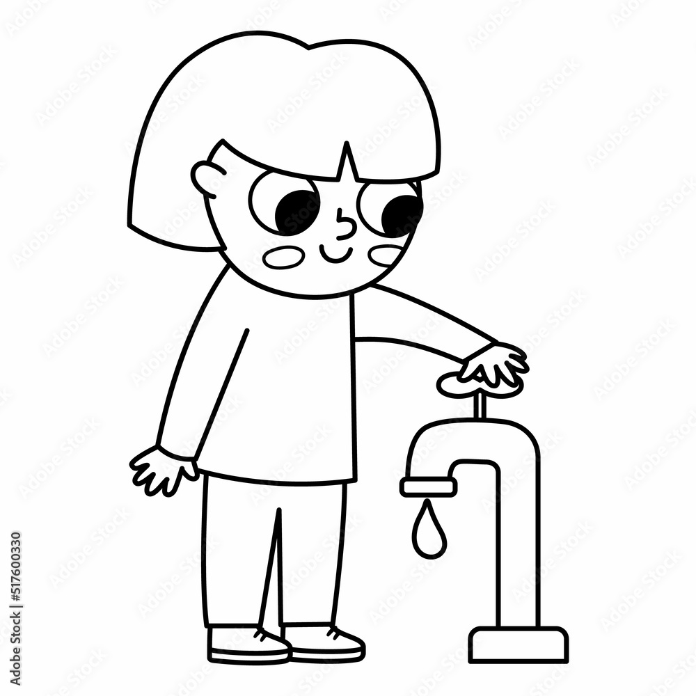 Black and white girl saving water icon. Cute line eco friendly kid. Child turning of the water tap. Earth day or healthy lifestyle concept or coloring page.