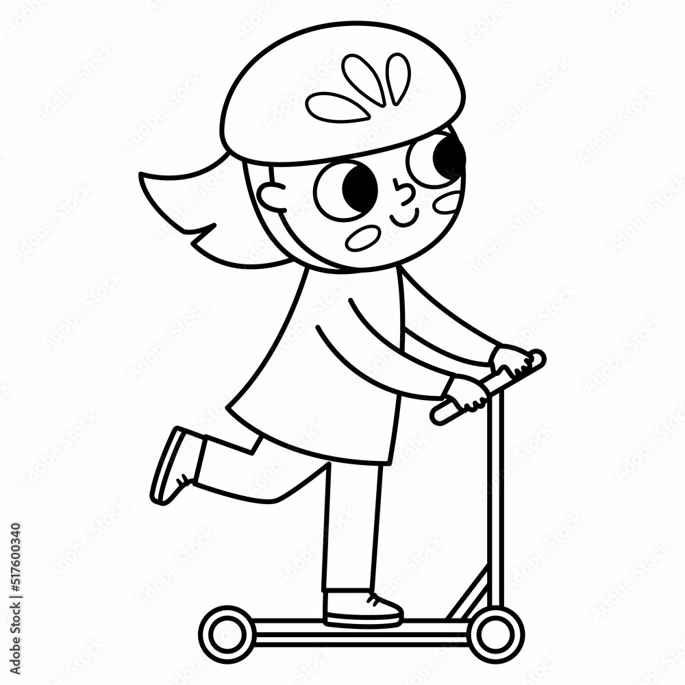 Black and white girl riding a scooter in helmet icon. Cute line eco friendly kid. Child using alternative transport. Earth day or healthy lifestyle concept or coloring page.