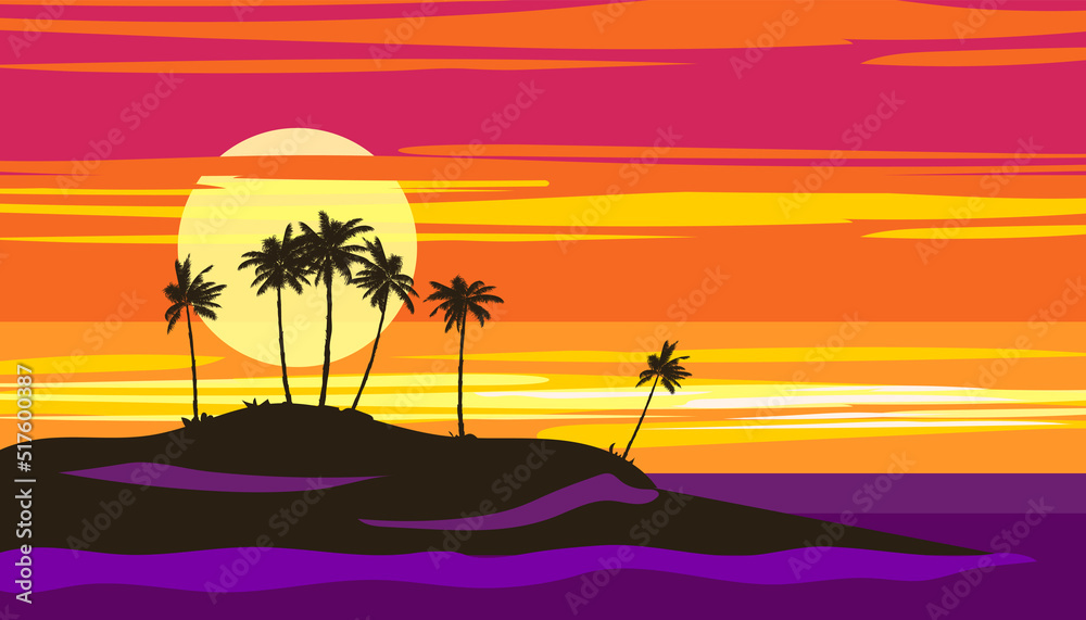 Tropical sunset summer beach landscape. Exotic scene, palms silhouette, sundown, ocean, sea banner